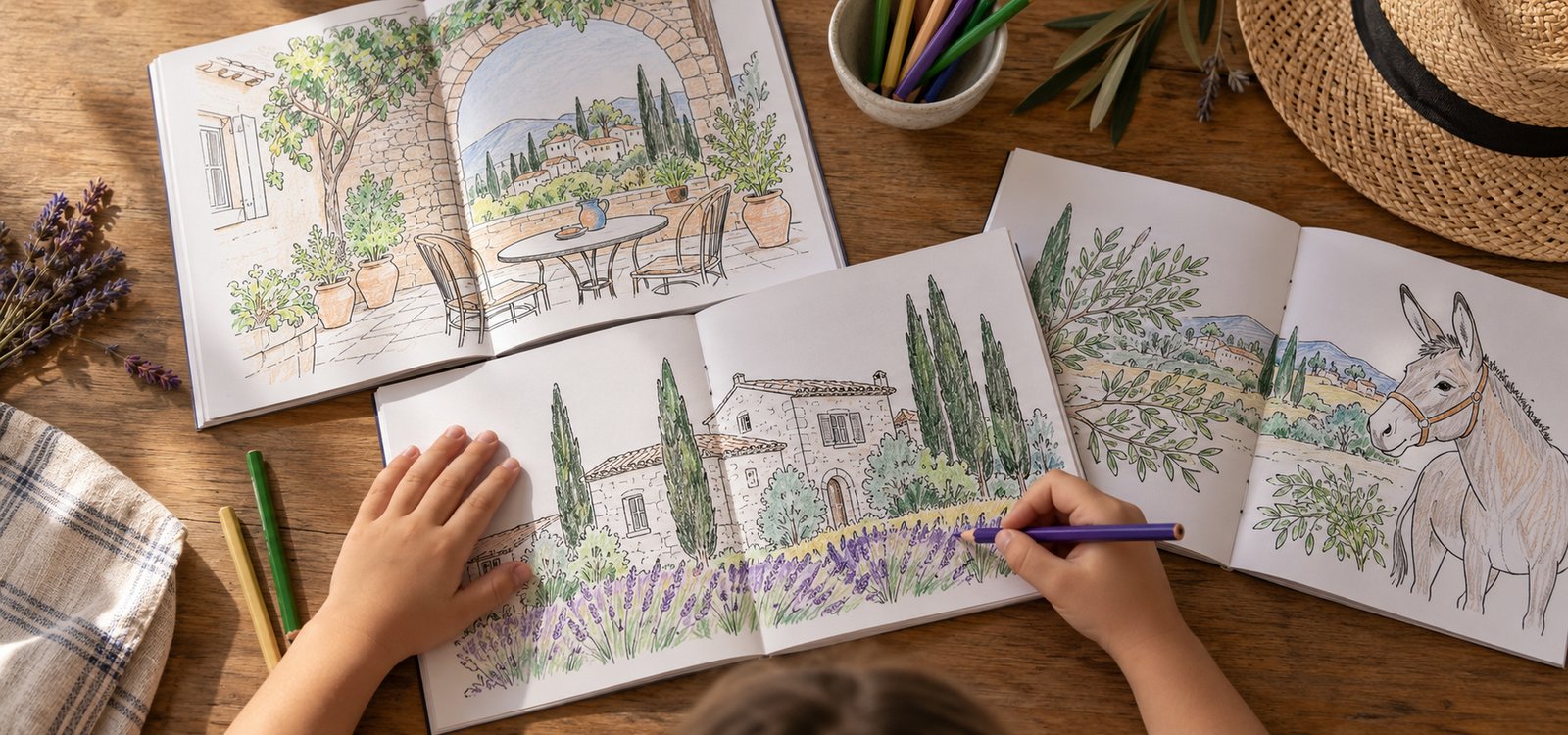 Plusieurs atlas terminés, coloriés par des enfants