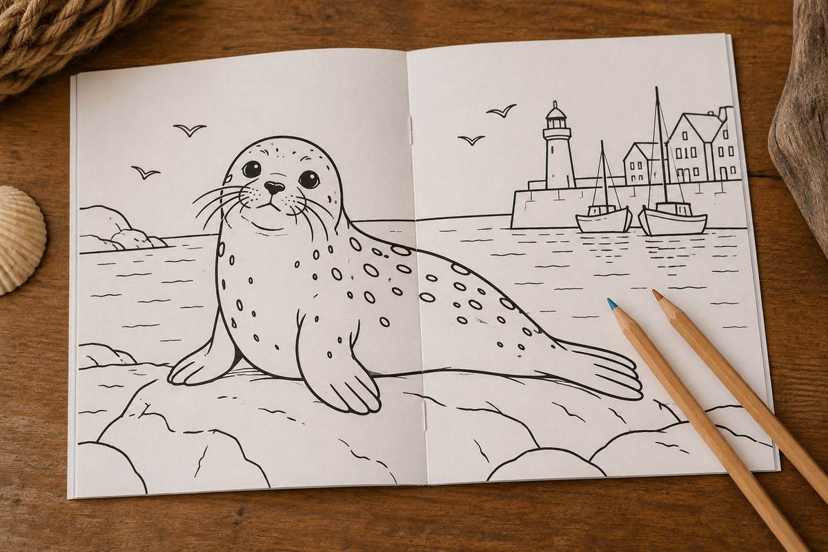 Een kind kleurt de oude vuurtoren