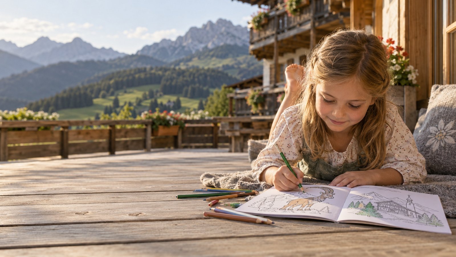 Ein Kind malt den Atlas auf der Hotelterrasse aus