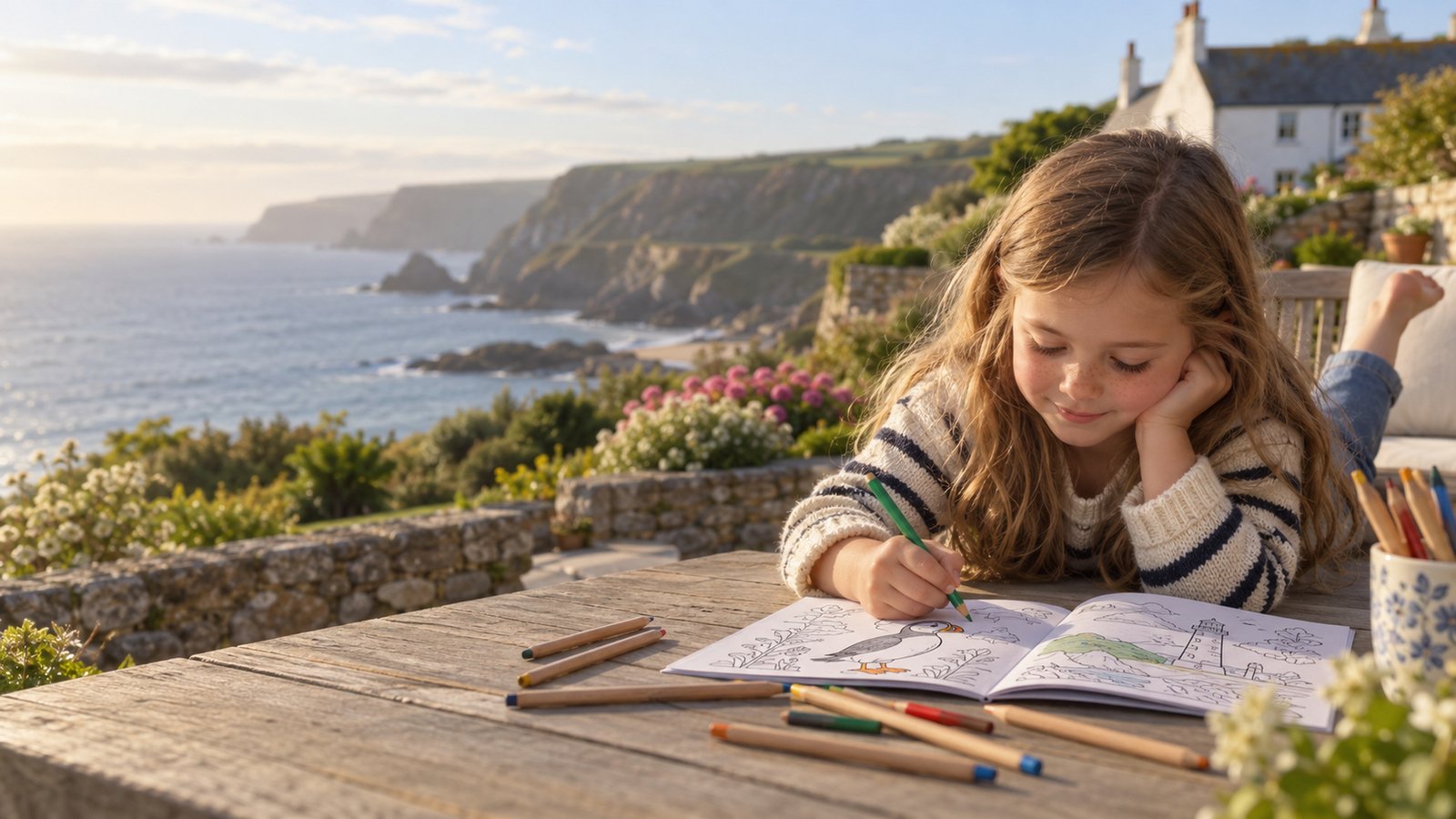 A child colouring the atlas on the hotel terrace
