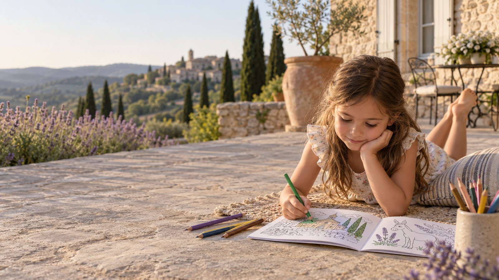 Une enfant qui colorie l'atlas sur la terrasse de l'hôtel