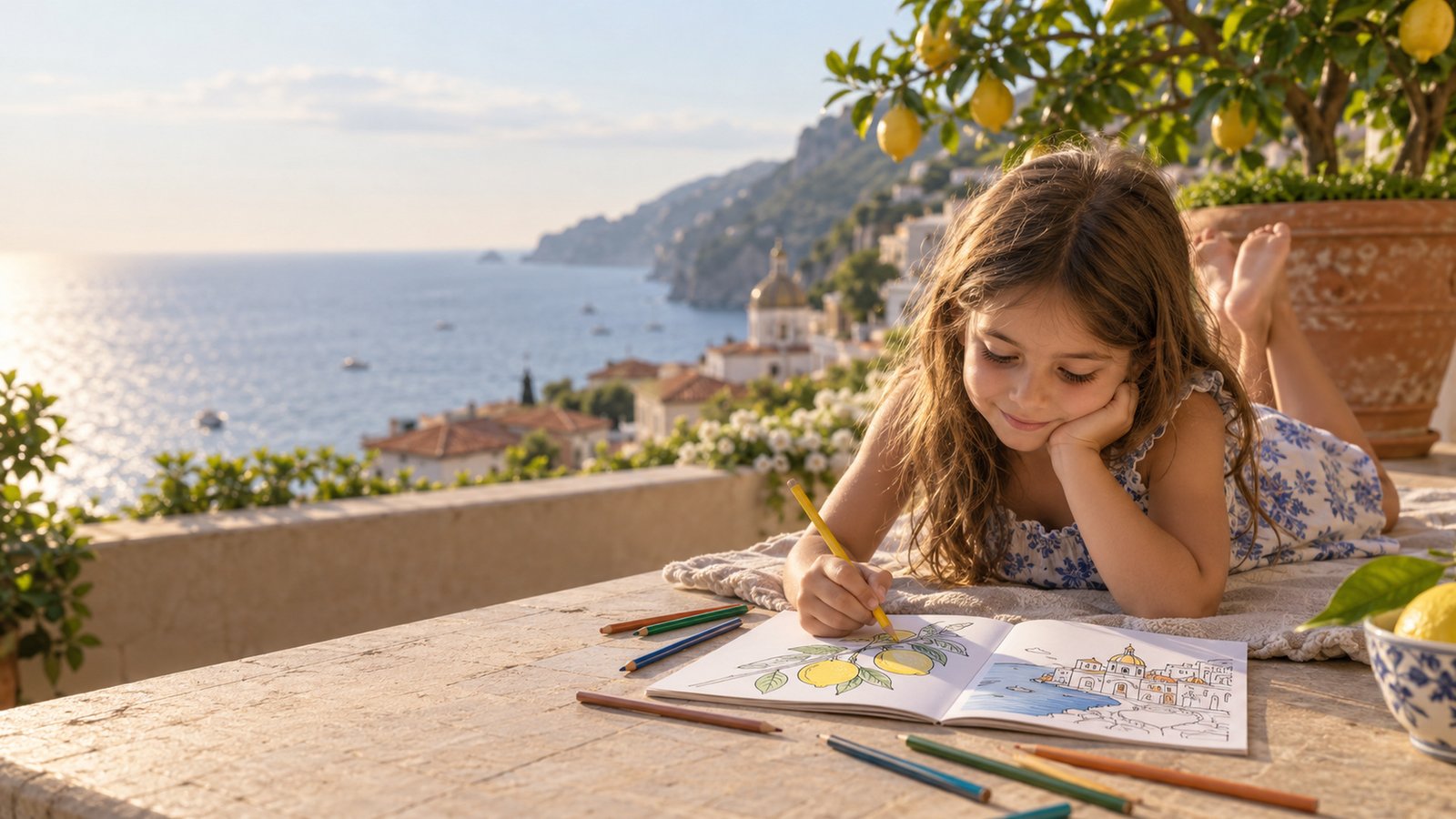 Una bambina colora l'atlante sulla terrazza dell'albergo