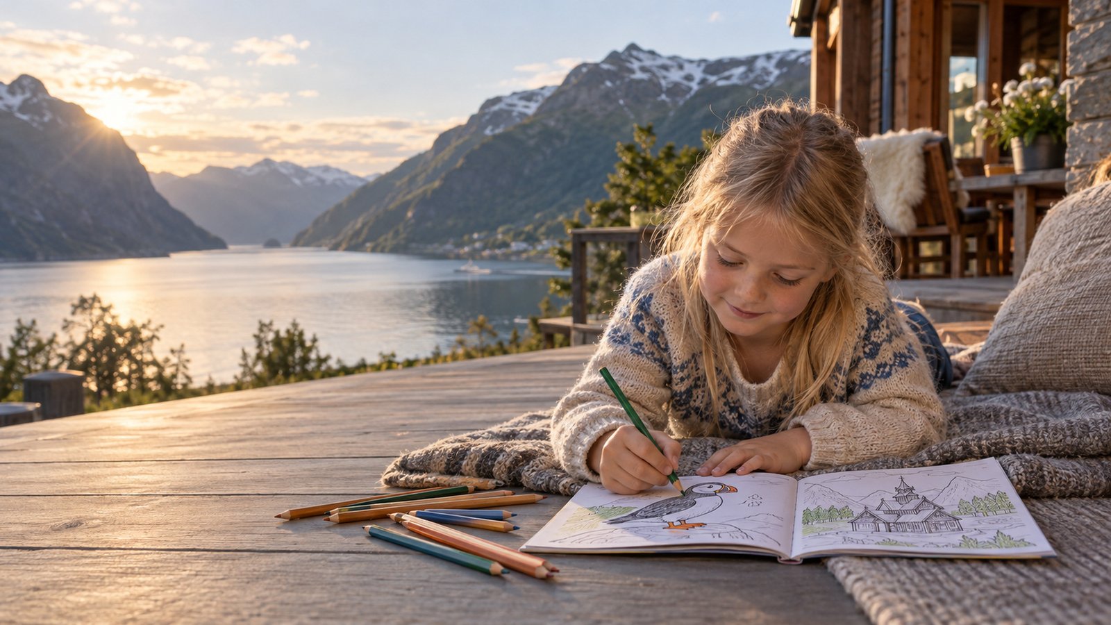 Et barn fargelegger atlaset på hotellterrassen